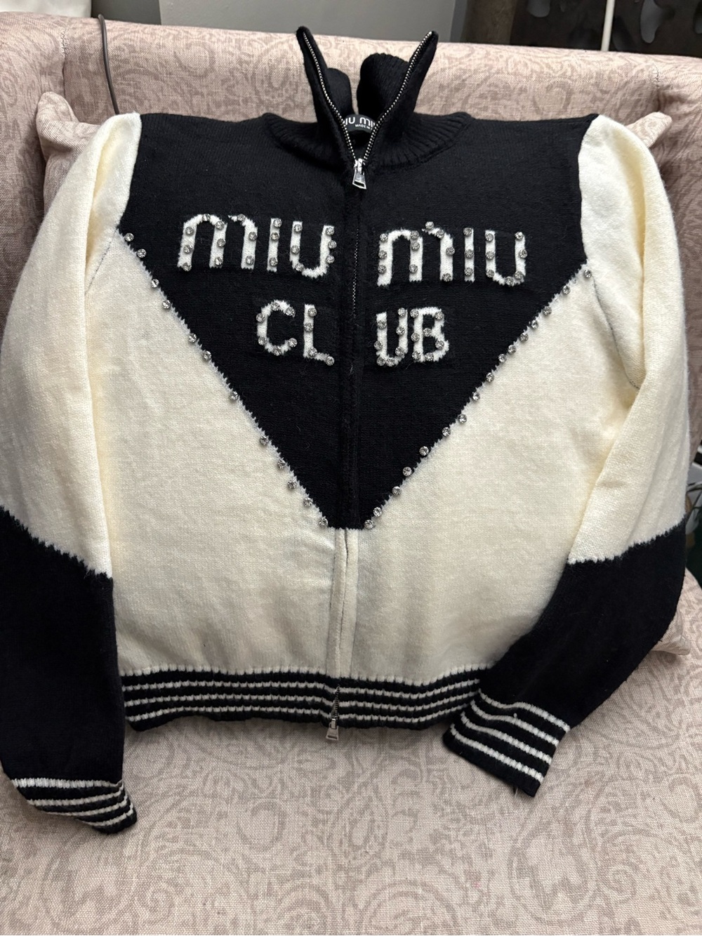 Miu Miu Black and Cream Beaded Zip-Front Logo Knit Cardigan